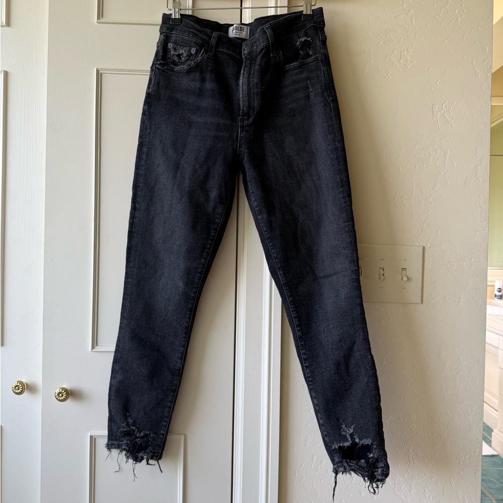 Agolde Womens Premium Jeans High Rise Black Distressed Frayed Hem Size 31